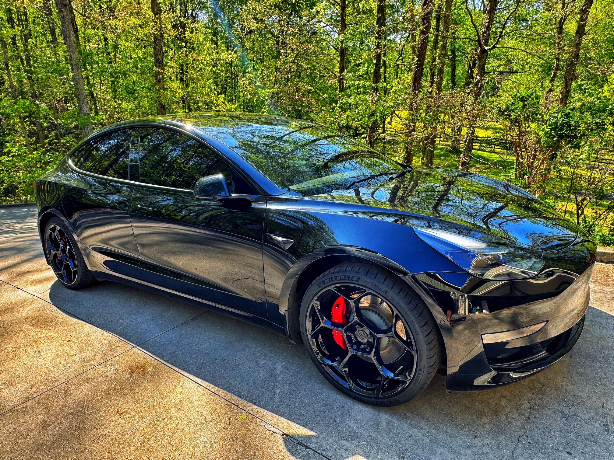 Black Jaguar I-Pace parked in a forest setting with trees in the background.