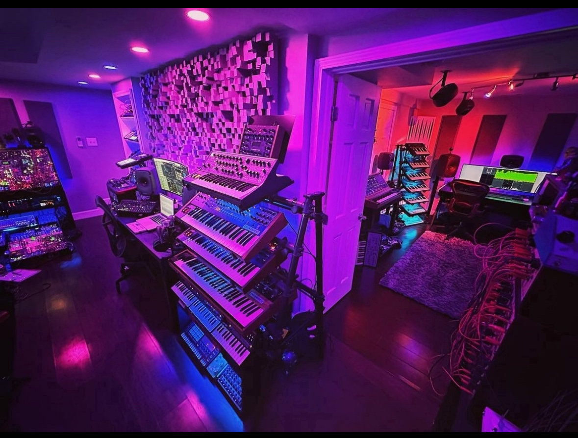 Detail of Richard Devine’s studio setup showing two Waldorf Quantum MK2 synthesizers among other equipment.