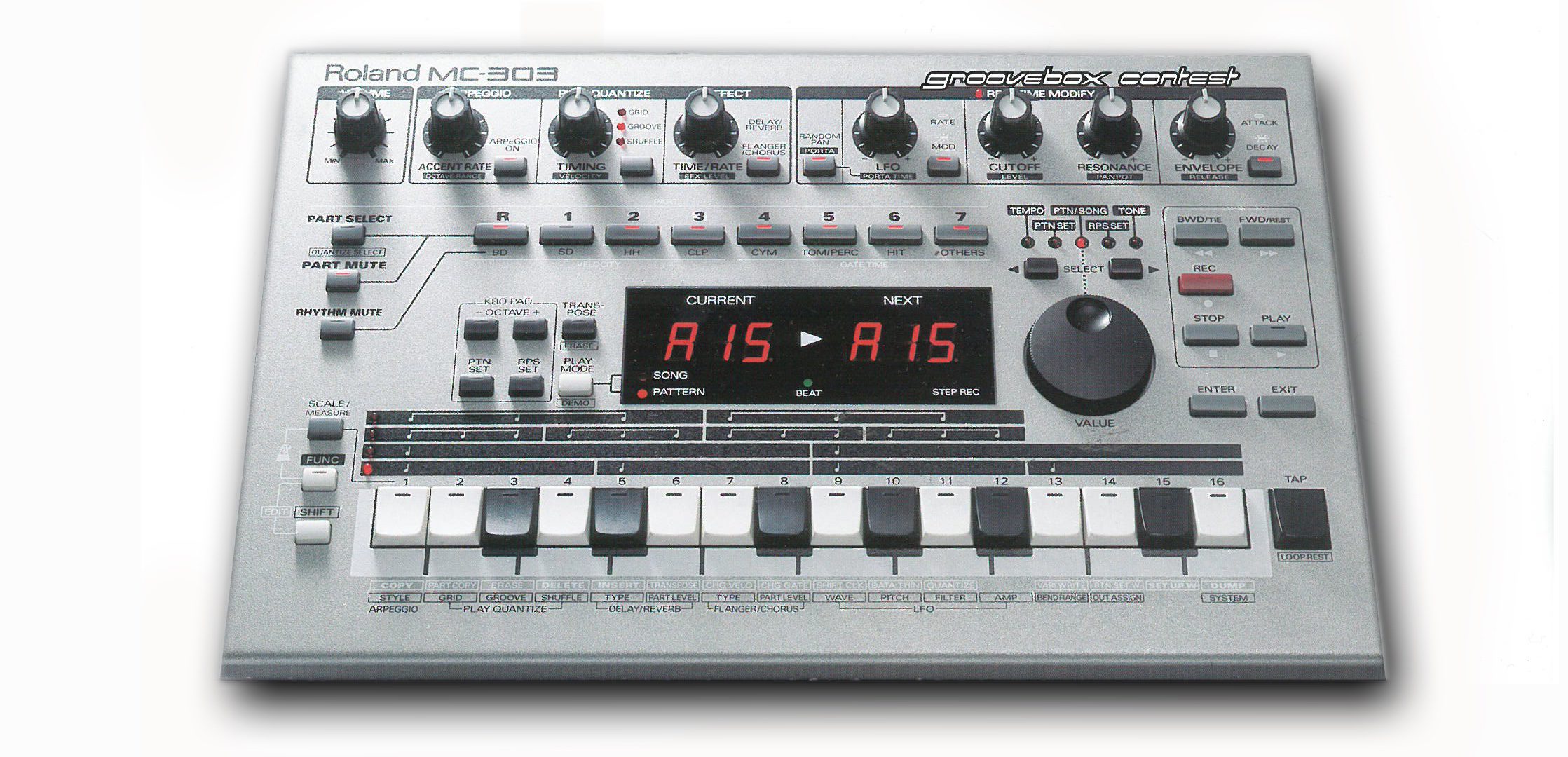 Front view of the Roland MC-303 Groovebox.